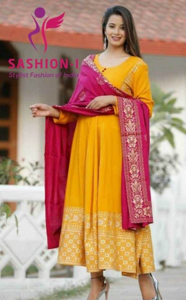 Yellow Trending Kurta Zari Work with Pink Rayon Dupatta - Yellow with Pink Dupatta